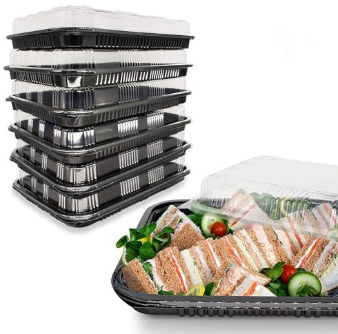 HIYAA Sandwich Platter Trays With Lids, Pack of 6 Reusable Plastic Catering Trays With Lids for Meal Prep, Cakes, Treats and Sandwiches
