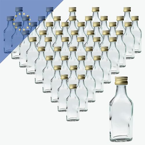 50x Schnapsflaschen 20ml PP18 gold – Hochwertige, wiederverwendbare Glasflasche, ideal für Hochzeiten und Parties – Leicht und robust, perfekt für Spirituosen oder Kleinportionierung (50 Stk.)