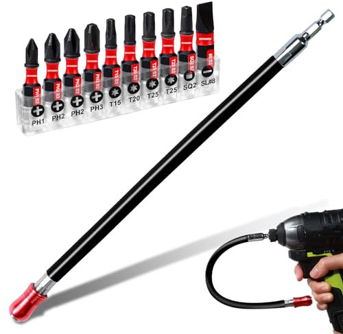 Geinxurn Lot de 10 porte-embouts de tournevis flexibles de 30,5 cm avec tige hexagonale à changement rapide avec 10 embouts de tournevis