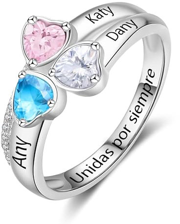 Personalisierter Damen Ring 925 Silber Mit Namen Geburtssteine Herz Sterling Silber Ringe Frauen Geburtstag Weihnachten Jahrstag Geschenke Für Mutter Ehefrau Freundin (B - 3 stones)