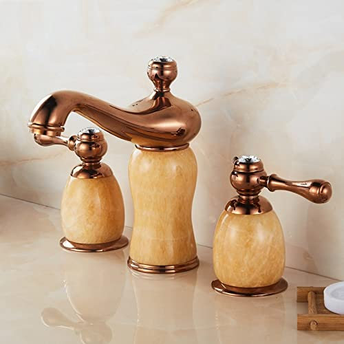 Europäischer Stil, Vollkupfer, natürliche Jade, DREI-Loch-Wasserhahn für heißes und kaltes Wasser, geteiltes Marmorbecken, Gold-Roségold-Wasserhahn, Topaz God Lamp-Modell