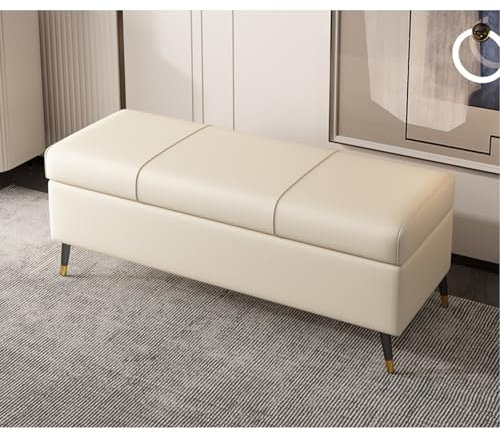 Kunstleder-Ottomane, Aufbewahrungsbank mit Kissen, Eingangsmöbel für Wohnzimmer, rechteckig, extra lang, Stauraum, Bettbänke für Fußbett, PU-Leder, Ottomane (Beige, 120 cm)