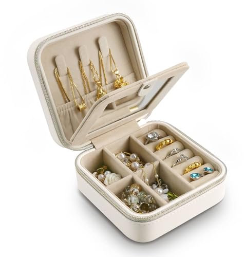Lammcou Caja de Joyería de Viaje, Organizador Portátil para Collares Anillos Pulseras y Pendientes Estuche de Joyería de PU con Espejo para Mujeres travel jewelery box