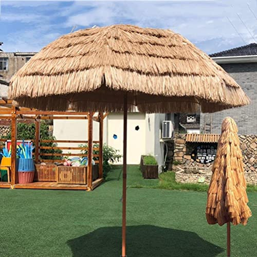 Tropical Hawaiian Raffia Straw Beach Umbrella 180cm Diameter Tiki Garden Parasol with Tilt Sunshade and Waterproof Design