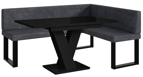 MEBLINI Eckbank für Esszimmer mit ausziehbarem Tisch - Küchenbank - Essecke - Sitzecke Küche - ERIC - U-Beine 128x168x87cm Rechts - Dunkelgrau Samt/M Schwarz Hochgl.