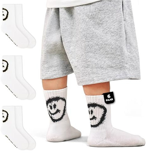 von Jungfeld Tennissocken für Kinder Gr. 31-34 für Jungen & Mädchen - 6er Set Sportsocken Kinder (Crew Socks) aus Bio-Baumwolle - Kindersocken mit Smiley-Motiv