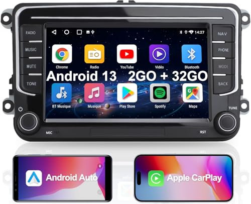 TOUTBIEN 2 Din Autoradio, 7 Radio Voiture pour VW Golf, Passat, Seat, Touran, Skoda, CarPlay & Android Auto, 2+32Go, Écran Tactile & Boutons Physiques, EQ, FM, GPS Navigation, Recopie de l'Écran