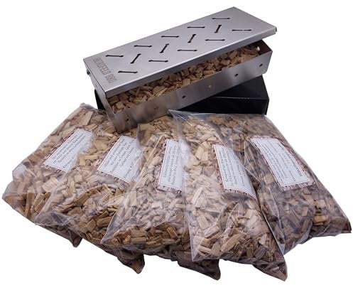 Bergfeld BBQ – Räucherbox-Set inkl. 5 Sorten Räucherchips (Apfel, Kirsch, Hickory, Buche, Eiche) - für alle Grills - Smokerbox aus gebürstetem Edelstahl – BBQ-Aroma für Fleisch, Fisch und Gemüse