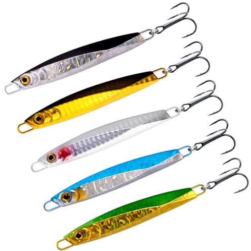 Dr.Fish 5 Pack Fishing Jigs Metal Jigging Spoon Vertical Diamond Jig Lures Fishing Casting Spoon Trolling Saltwater Freshwater for Mackerel Striper 1/2oz