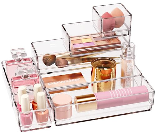 7 PCS Stackable Clear Drawer Organizer, Vanity Drawer Organizer Trays, Acrylic Bathroom Drawer Storage Containers for Cosmetic, Office Supply, Kitchen Utensils Gadgets