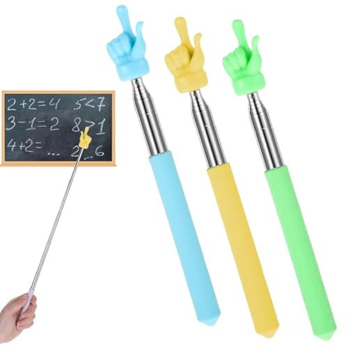WeddHuis Téléscopique Extensible, 3 Pièces, en Acier Inoxydable Rétractable, Mini pour Présentation, Pointeur Laser et Finger, Bâton Lecture, Doigt École Maternelle, Enseignant (Bleu, Jaune, Vert)