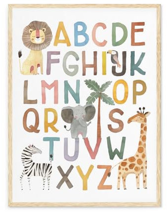Dazzlewall ABC Kinderzimmer Wandbilder, Boho Alphabet Safari Tier Druck Leinwand Bilder für Kinder Schlafzimmer Wohnzimmer Deko 30×40 cm Ungerahmt
