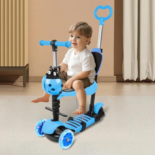 Trottinette avec Siège 5 en 1,Trottinette pour Enfants, Trottinette 3 Roues LED, 3 Roues Plateau Antidérapant LED, Trottinette Tricycle Réglable en Hauteur, 5 in 1 (A) Blu