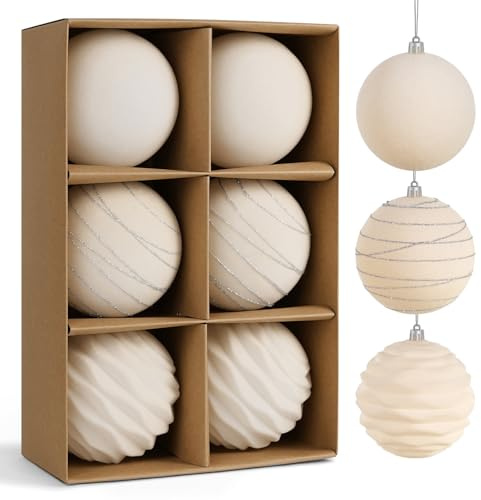 Miaikoe 6pcs Samt Weihnachts Ornamente Kugeln Sets für Weihnachten, Kunststoff zerstörungsdicht Weihnachtsbaum Flocked 10 cm Ornamente Kugeln für Winter Urlaub Dekor (Beige)