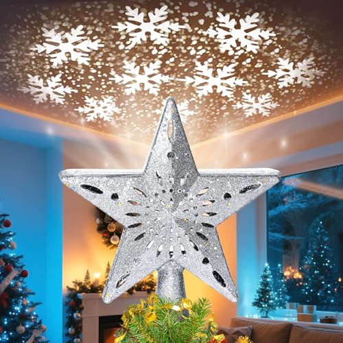 Qoosea Coronamiento Árbol de Navidad Giratorio Copo de Nieve Purpurina 3D con 6 Modos Cambiantes de Luz LED, Estrella Invernal Brillante para Corona Árbol de Navidad para Decoraciones de Fiestas