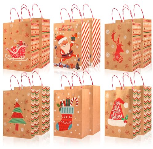 Honosen Geschenktüten Weihnachten, 12 Stück Weihnachtstüten mit Griff | Papiertüten Weihnachten, 22 x 15,7 x 8cm Kraftpapier Tüten Geschenktaschen für Weihnachtsgeschenke, Partydekorationen
