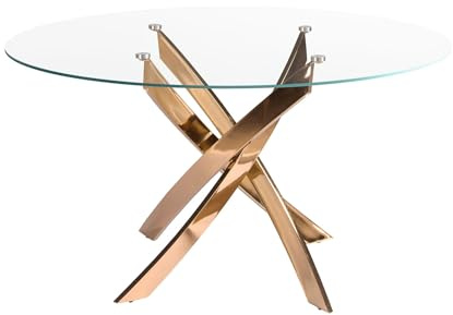 Angel Cerdá - Table à Manger Ronde avec Plateau Fixe en Verre trempé Transparent et Pieds en Acier Inoxydable Couleur Or Rose - Design Moderne et élégant pour 6 convives - 140 x 75 cm