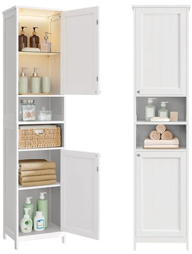 VASAGLE Armoire de Salle de Bain Haute avec Éclairage, Meuble de Rangement Mince, avec Étagères Réglables, Largeur 40 cm, pour Les Petits Espaces, Moderne, Blanc Nuage BBC766WH03