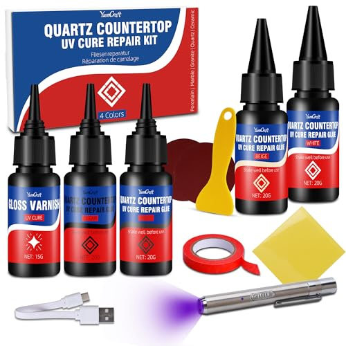 Fliesen Reparaturset, 30s UV-Schnellhärtung, 4 Farben Keramik Emaille Reparaturmasse mit UV-Lampe & Klarlack, DIY Kit für Quarz, Marmor, Granit, Waschbecken, Badewanne, Arbeitsplatten Risse Kratzer