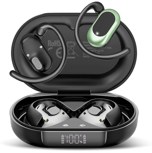 STECEi Open-Ear Kopfhörer 5.4 Bluetooth Kopfhörer, 2025 Verstellbare Ohrhaken Kopfhörer Kabellos Bluetooth starker Bass, 36H Spielzeit kopfhörer Sport IP7 Wasserfest für Sport, LED, Laufen, Grün