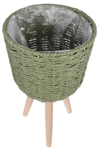 Kichvoe Support à Fleurs d'angle en Bois Naturel Tressé, Pot de Fleurs Décoratif pour Balcon et Intérieur, Taille Petite, Couleur Vert Raphia, 1 Pièce, Support de Plante sur Pied