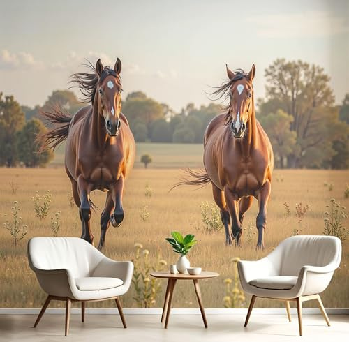 Vlies Fototapete freies Wildtier Pferd Naturlandschaftsfelder Hochwertige Wandtapete Großformat Strapazierfähig Wandbild Wohnzimmer Schlafzimmer Modern,braun
