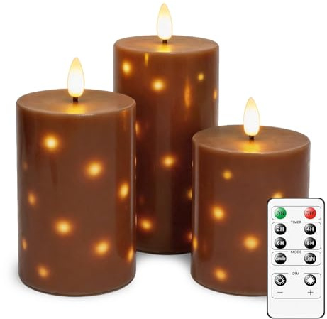 AnnSpa 3 Set LED Kerzen Batteriebetriebene mit Fernbedienung Timer Funktion, Eingebaute Lichterketten,Flammenlose Echtes Wachs LED Stabkerzen Wick Flackern, Unscented Wachs für Weihnachten (Braun)
