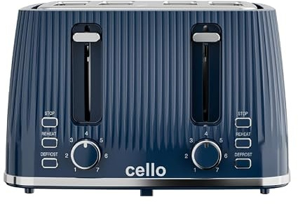 Cello Blue 4 Slice Toaster with Textured Design, 1600W Power, Wide Slots, 7 Browning Levels, Cancel Reheat Defrost, High Lift, Crumb Tray, Cord Storage, Illuminated Controls