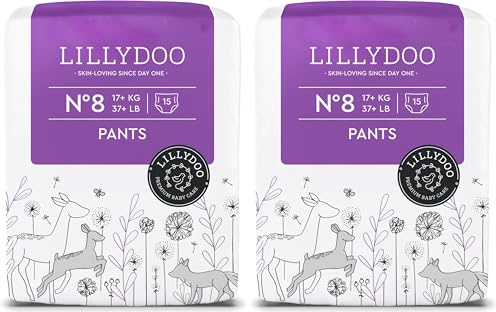 LILLYDOO Baby Windeln Pants - Größe 8 (17+ kg), 15 Höschenwindeln, Sicherer Auslaufschutz - Hautfreundlich, Weich & Ohne Lotionen für empfindliche Haut, Dermatologisch getestet (Packung mit 2)