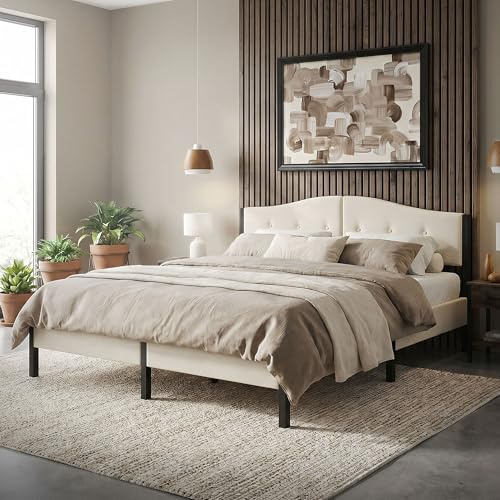 ML-Design Polsterbett 180x200 cm, Doppelbett mit stabilem Bettgestell, Bettrahmen mit gepolstertes Kopfteil & Lattenrost, Modernes Jugendbett, Bett für Schlafzimmer, Stahlrahmen & Leinenstoff, Beige