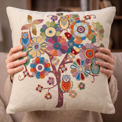 SABINE HOME Designer Kissen Eulen-Baum 45x45 cm, Baumwolle, Jacquard Dekokissenhülle mit Eulen Motiv, Sofakissen Bezug für Wohnzimmer & Kinderzimmer.