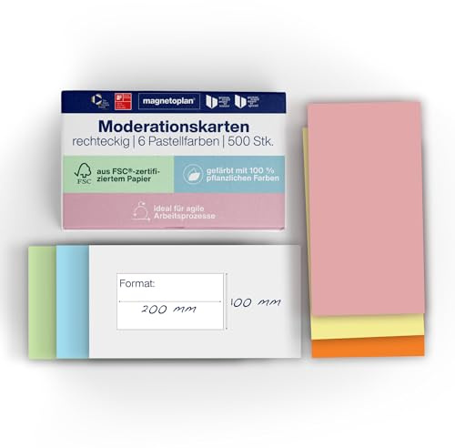 magnetoplan Moderationskarten, Rechteckig, 6 Pastellfarben, 500 Stück | Für Meetings und Präsentationen | FSC-zertifiziert
