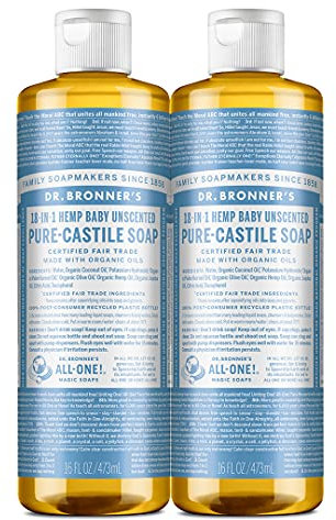 Dr. Bronner's - Savon liquide Pure-Castille (bébé non parfumé, 473,6 g, lot de 2) - Fabriqué avec des huiles biologiques, 18 en 1 Utilisations : visage, cheveux, lessive et vaisselle, pour les peaux