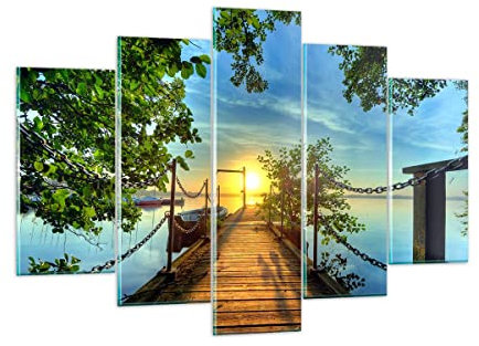Mehrteilige Bilder auf Glas 150x100cm Glasbild See Sonnenuntergang Boot Landschaft Groß XXL Wanddeko Schlafzimmer Küche Set 5 teilige Wandbilder Dekoration Wohnzimmer Modern Wand Art GEA150x100-2573