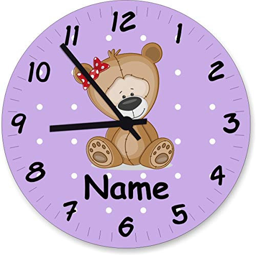 Shirtinstyle Wanduhr Kinderzimmeruhr Teddy Bär mit Wunschnamen Geschenk Uhr Kinder Handmade, 29cm, Farbe Pastelllila