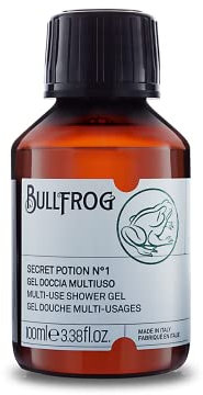 Bullfrog Gel de ducha multiusos Secret Potion N.1: limpiador para cuerpo, cara y cabello, 92,3% natural, aroma amaderado y ámbar, versátil y revitalizante, 100 ml
