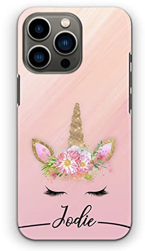 Personalised Initials Phone Case For Apple iPhones, 16, 15, 14,13, 12, 11, Pro Max, Mini, XR, SE Black Name and Unicorn on Pink Marble Hard Phone Cover, Unicorn Case