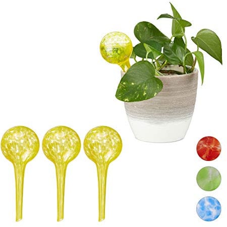 Relaxdays 4 x Bewässerungskugel im Set, dosierte Bewässerung Pflanzen u. Blumen, Gießhilfe Büro, Urlaub, Ø 6 cm, Glas, gelb