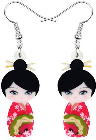 DUOWEI Acrylique Anime Cute Japonais Kimono Poupée Boucles D'Oreilles Charms Pendentif Bijoux Cadeaux pour Femme Adolescentes Fille (Jaune)