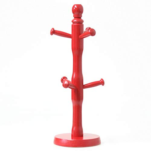GBS Heavy Duty Large Wooden Kitchen Mug Tree 6 Cup Stand Holder & Kitchen Towel Paper Tissue Roll Holder Rack (Mug Tree, Red)