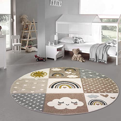 Teppich-Traum runder Kinderzimmer Teppich Spielteppich Regenbogen Herzchen Wolken beige grau braun Größe 160 cm Rund