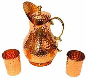 CRYSTAL CROWN 100% Pure Copper Hammered Copper Pitcher Bull Jug with 2 Tumbler Glass