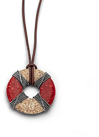 DUR Halskette Rettungsring mit Strandsand und Korallen veredelt mit Ziegenlederband und Sterling Silber, Silber/Rot/Beige, 100 cm, K2654