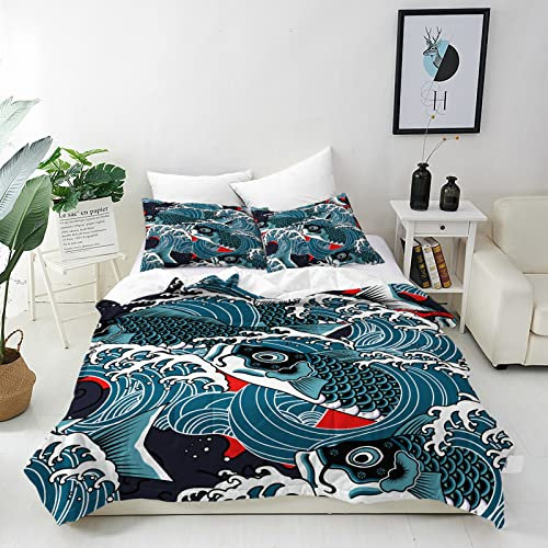 ANHOPE Japanisch Welle Fische Bettwäsche Set 3 Teilig Bettbezug 135x200 cm & 2 Kissenbezug 50x70 cm Microfaser Bettbezüge mit Reißverschluss Weich Ganzjahres Bettdeckenbezug Set
