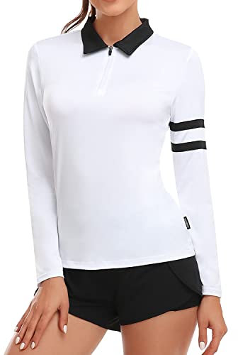 Soneven Poloshirt Damen Langarm Weiß Langarmshirt Damen Polohemd Sport Polo Sportshirt mit Kragen für Wandern Golf Angeln 1/4 Reißverschluss 36