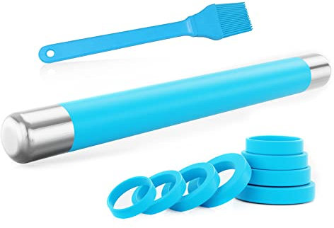 Eowihor Nudelholz, Silikon Teigroller Antihaft Nudelrolle mit Silikonbürste Rolling Pin aus Edelstahl für Pizza & alle weiteren Teigwaren, Blau