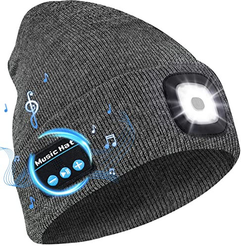 Deilin Bluetooth Beanie Hut mit Licht, Unisex USB wiederaufladbare 4 LED Headlamp Cap mit Kopfhörer, Geschenke für Männer Frauen Teen(A Grau)