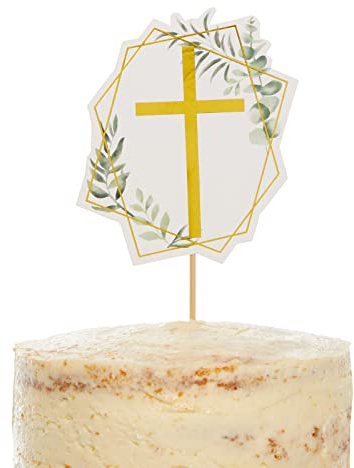 Amscan 9915631 - Botanical Celebration Christening, Communion or Confirmation Foliage Cross Card Cake Topper - 20 cm