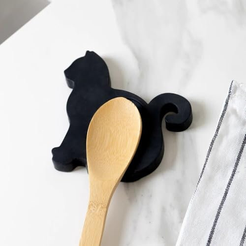 FISURA - Original Spoon Rest in The Shape of a cat. Spoon Rest Made of Silicone. Black Utensil Holder. 12x12 cm