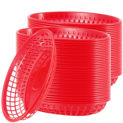 MUKCHAP 60 PCS Red Plastic Fast Food Basket, 23 x 14.5 x 4cm Oval Fast Food Baskets, Plastic Food Serving Baskets for Chip Sandwiches Burgers